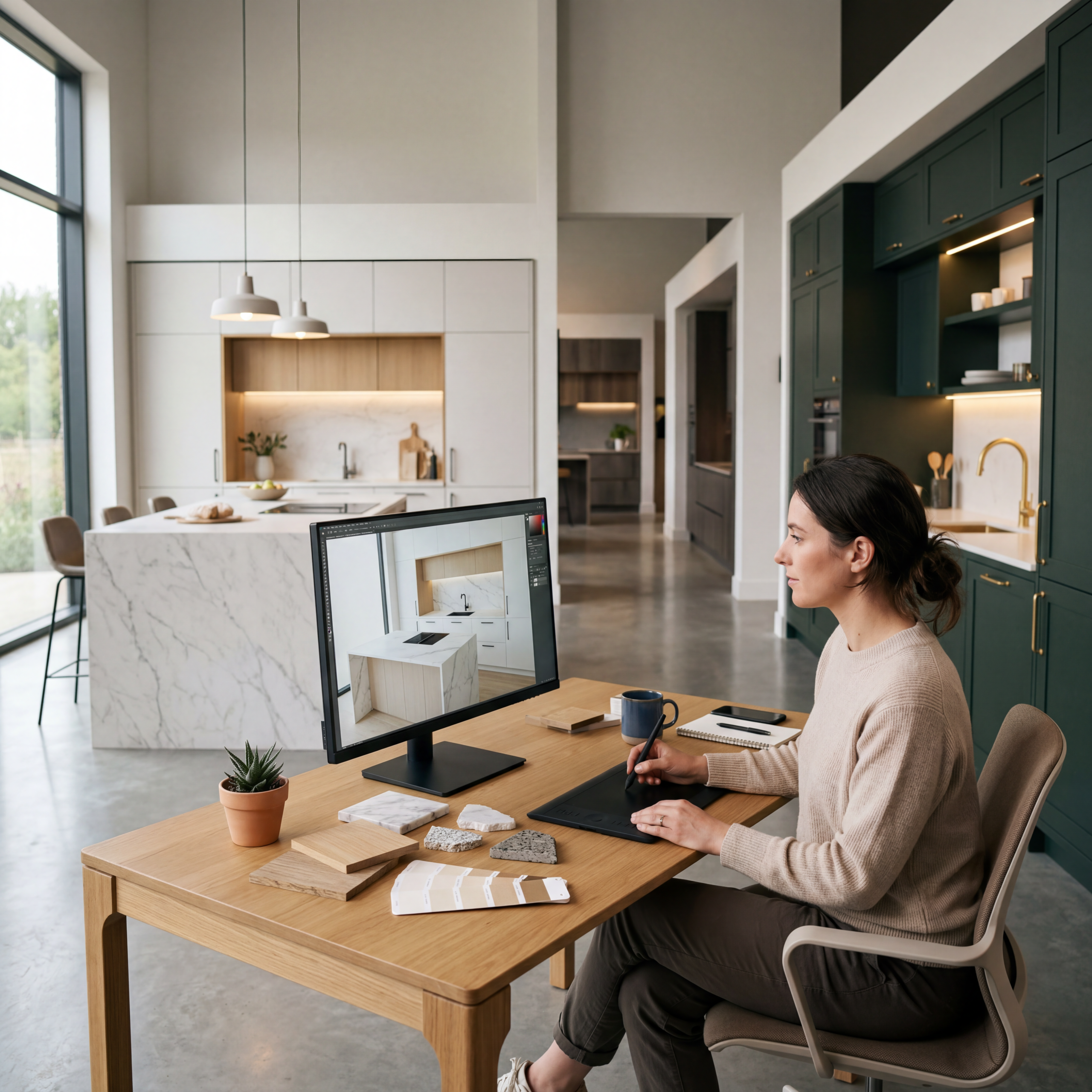 Architekt przygotowuje projekt kuchni modułowej wraz z wizualizacją 3D